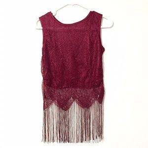 Handmade Burgundy Crochet Lace Top With Fringe